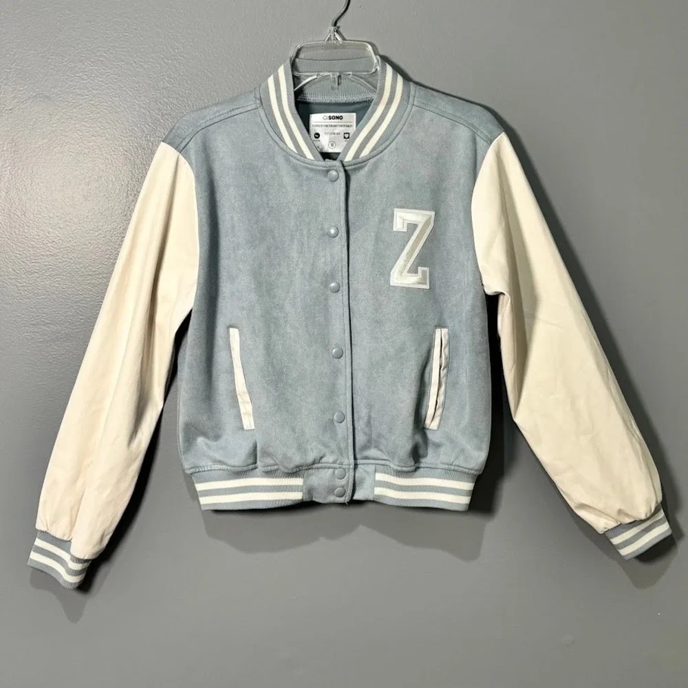Ci Sono Varsity Bomber Jacket Womens M Blue Faux Suede Leather Patch Preppy Chic
